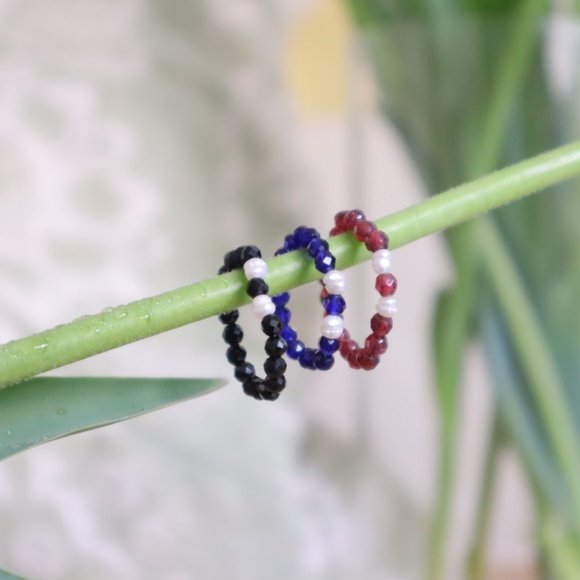 Crystal Blue Stone Bead Ring with Seed Pearls - Picture 1 of 8